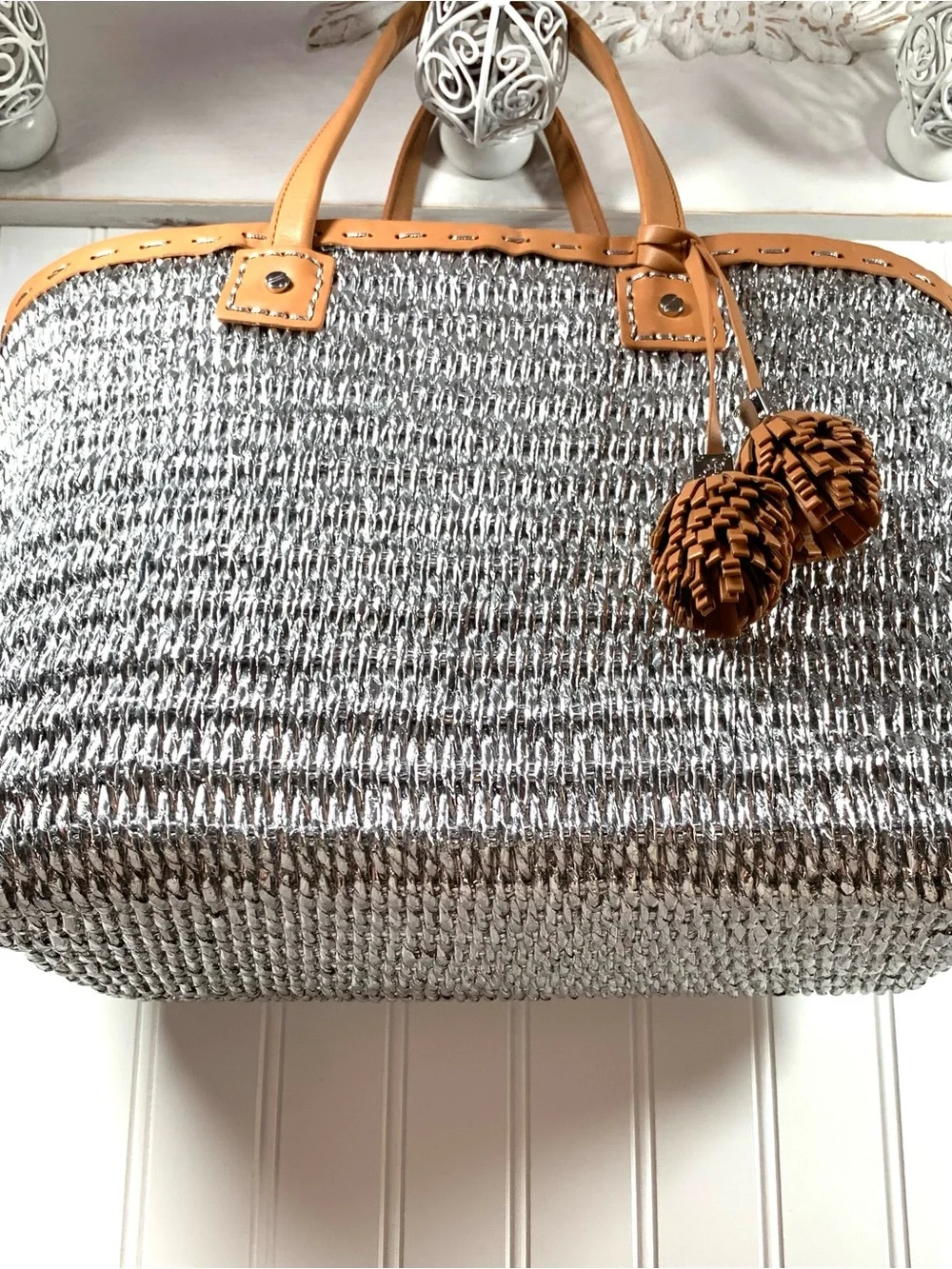 Tory Burch Woven Metallic Tote with Tan Leather Trim Beautiful NWOT
